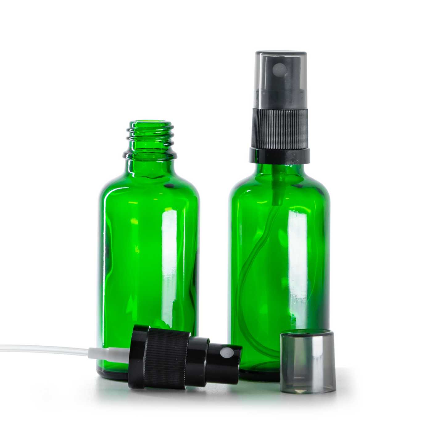 Butelka szklana zielona, czarny atomizer, kapturek dymny, 50 ml
