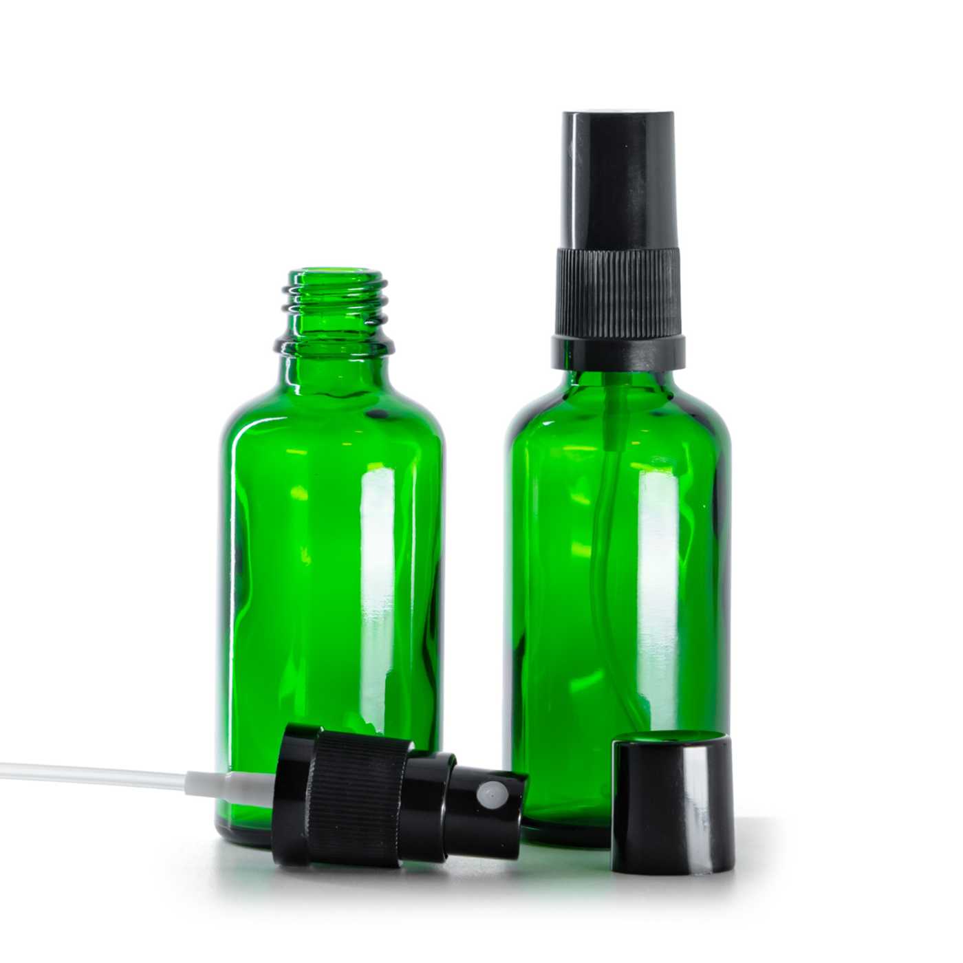 Butelka szklana zielona, czarny atomizer, czarny kapturek, 50 ml