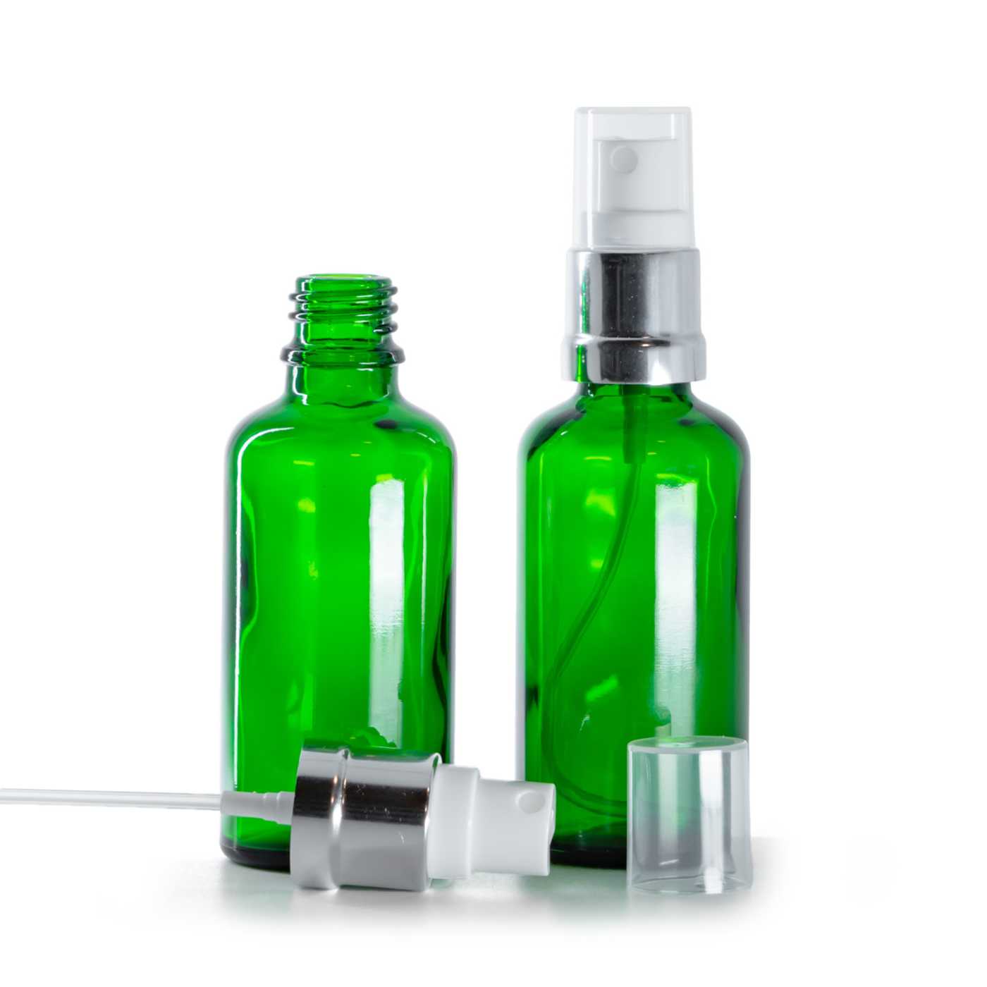 Butelka szklana, zielona, biało-srebrny atomizer, 50 ml