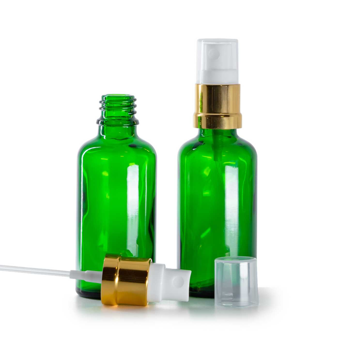 Butelka szklana, zielona, biało-złoty atomizer, 50 ml