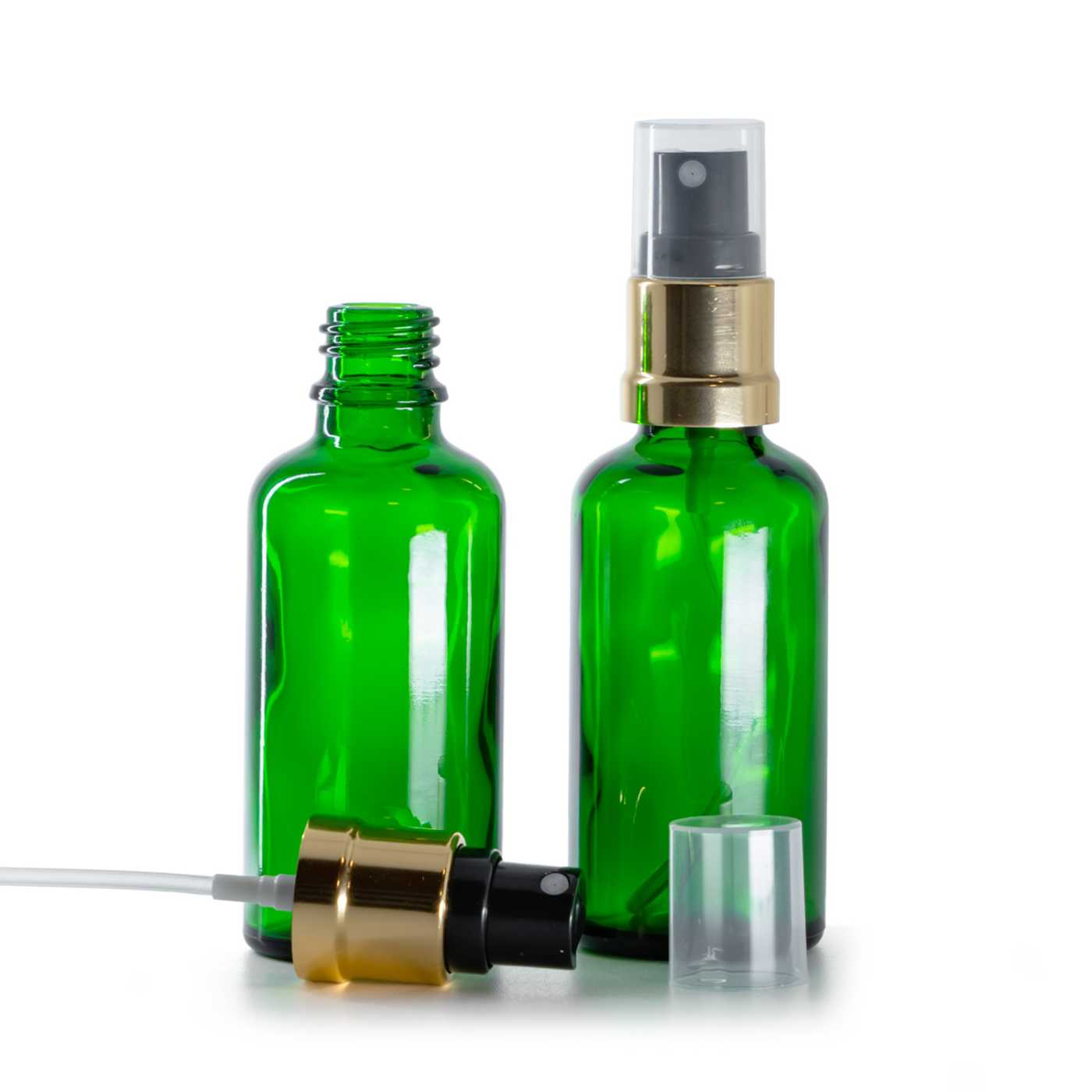 Butelka szklana, zielona, czarno-złoty atomizer, 50 ml