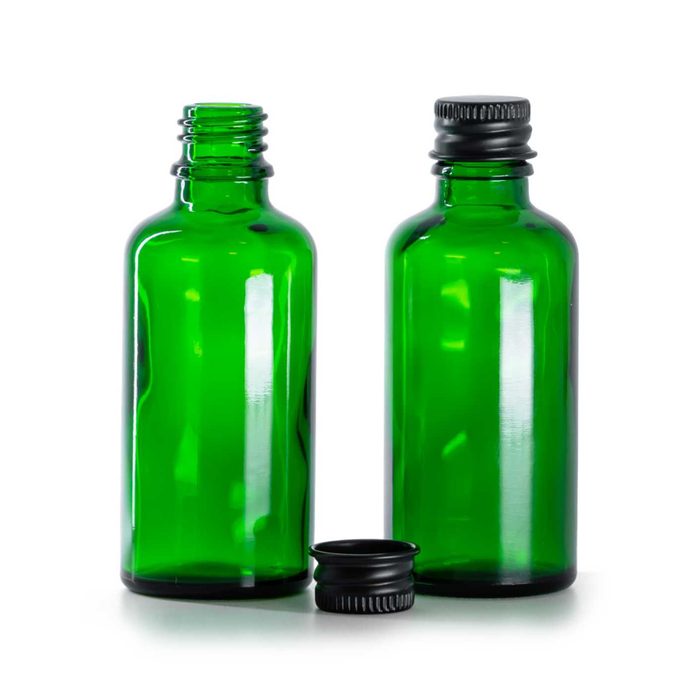 Butelka szklana zielona, czarna nakrętka aluminiowa, 50 ml