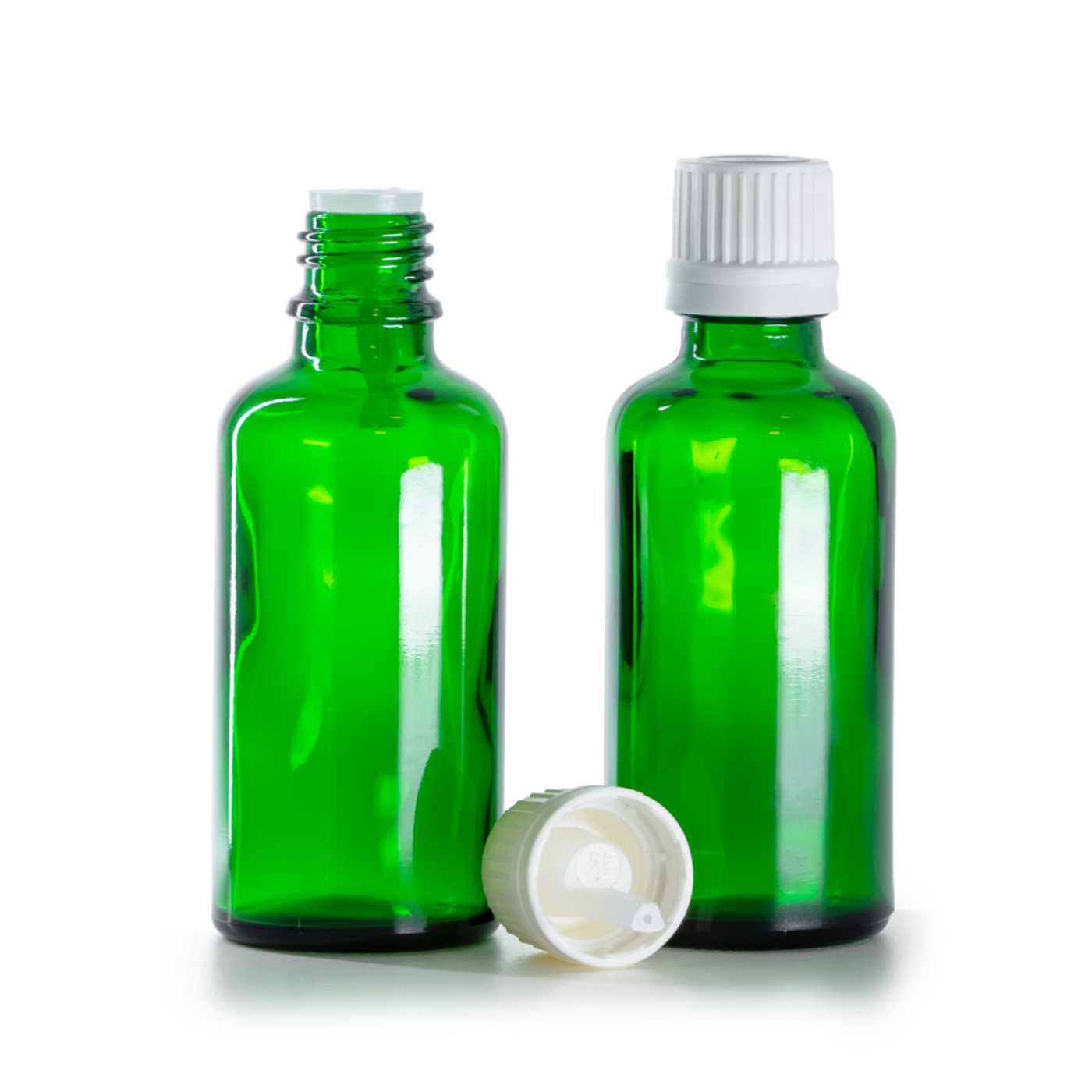 Butelka szklana zielona, nakrętka biała z kroplomierzem, 50 ml