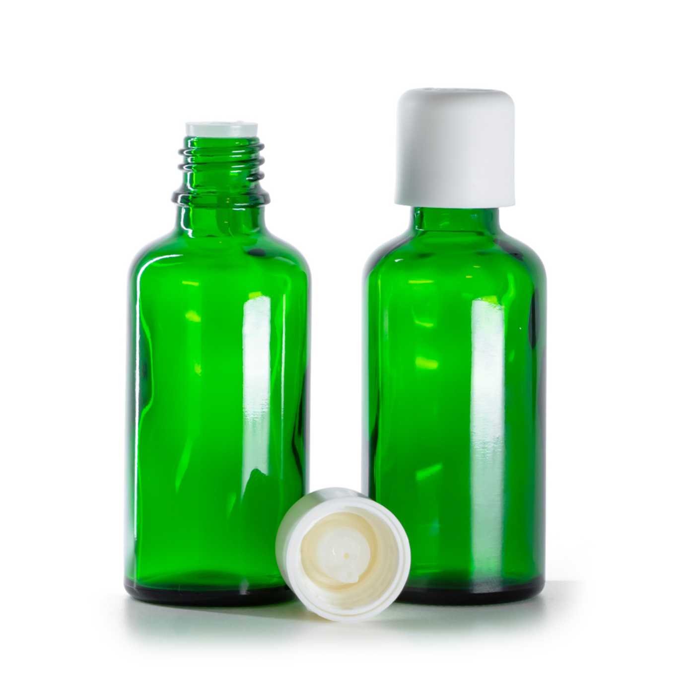 Butelka szklana zielona, nakrętka biała z zabezpieczeniem, 50 ml