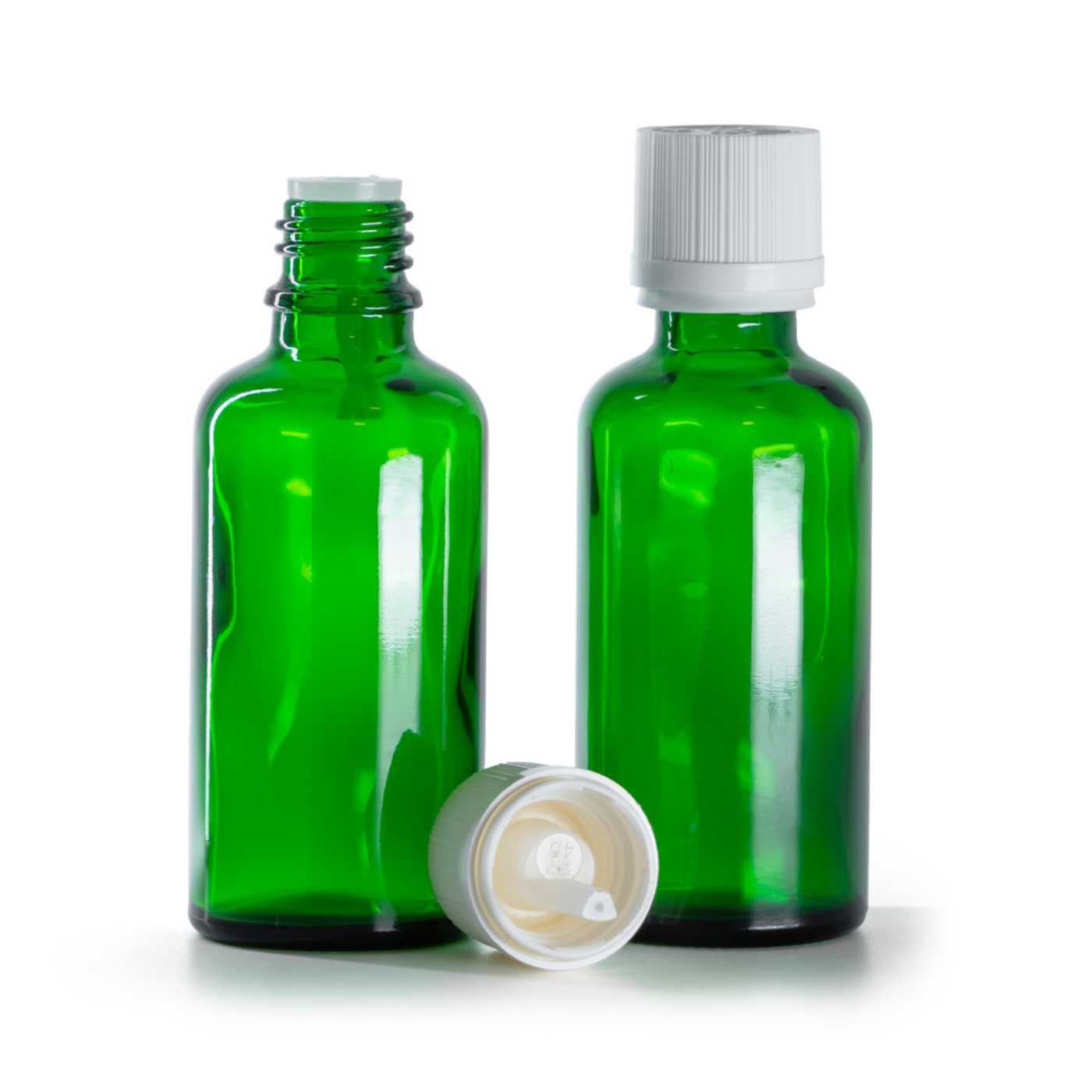 Butelka szklana zielona, nakrętka biała ryflowana z zabezpieczeniem, 50 ml