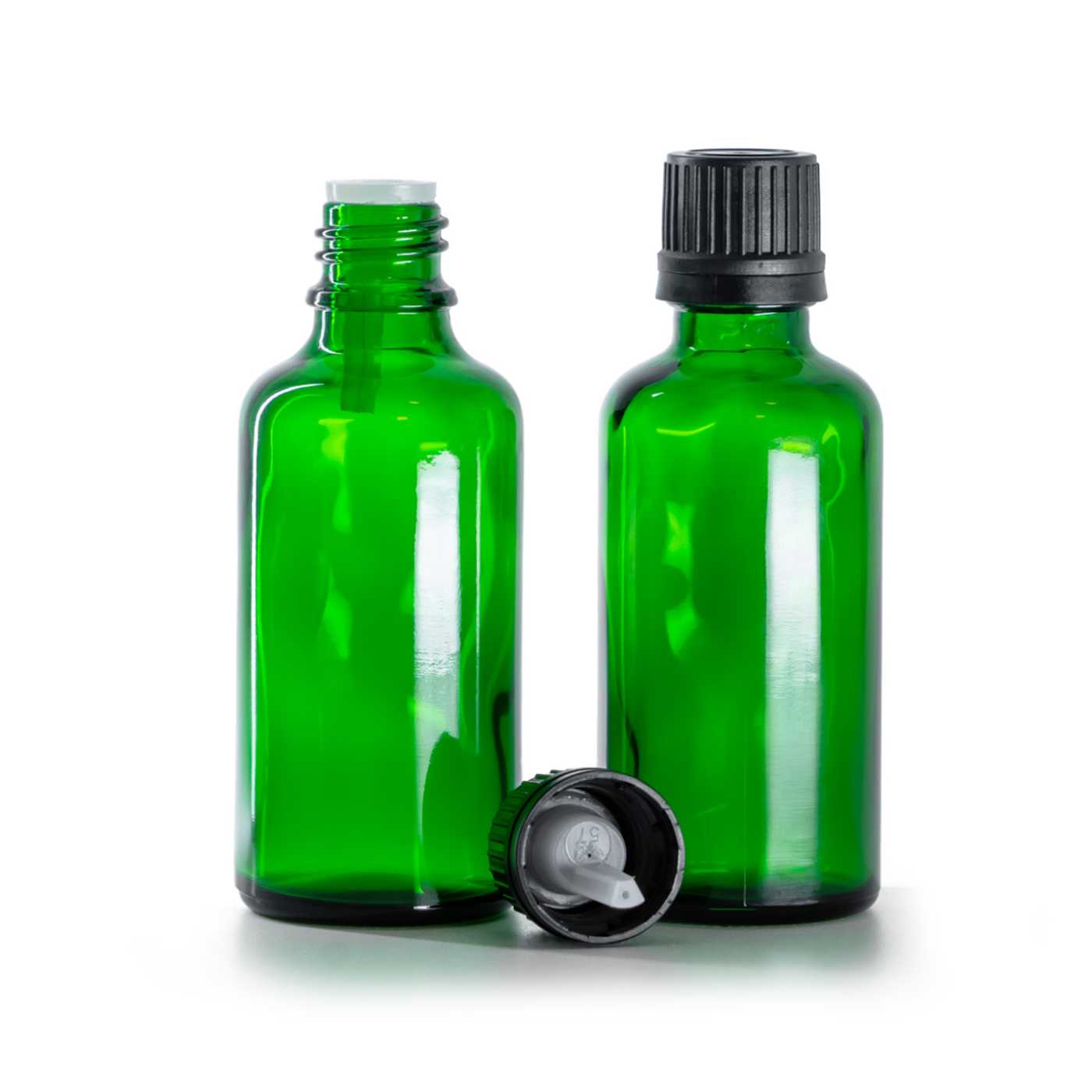 Butelka szklana zielona, czarna nakrętka z kroplomierzem, 50 ml