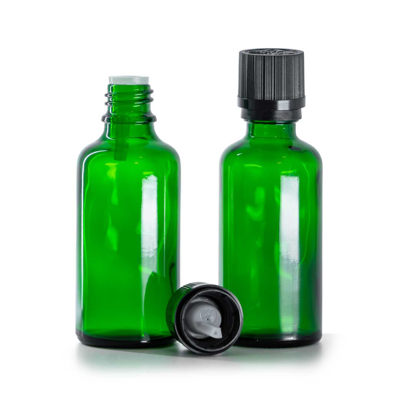 Butelka szklana, zielona, czarna nakrętka ryflowana z plombą, 50 ml