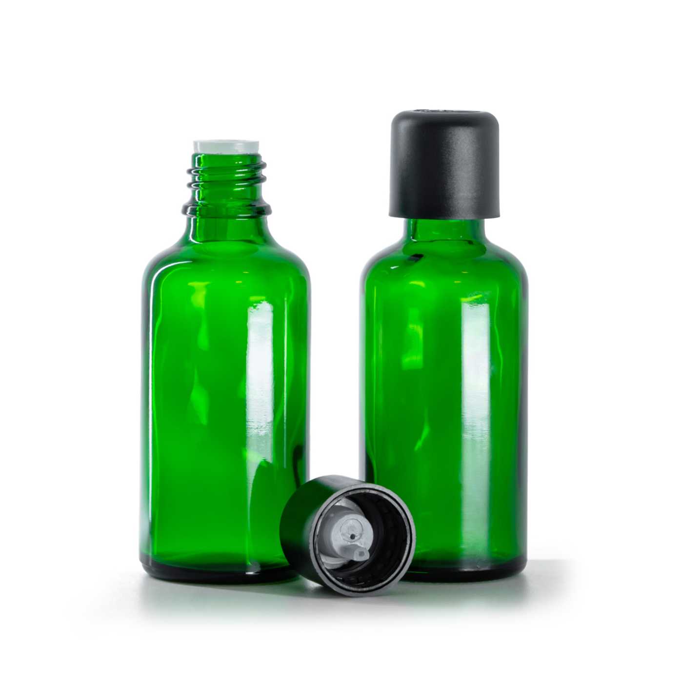 Butelka szklana zielona, czarna nakrętka zabezpieczająca z plombą i kroplomierzem, 50 ml