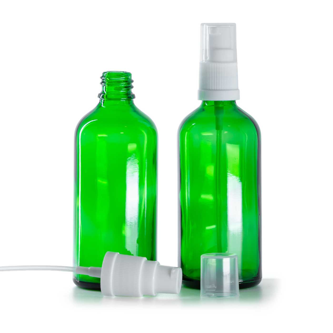 Flacon en verre vert, pompe crème blanche, 100 ml