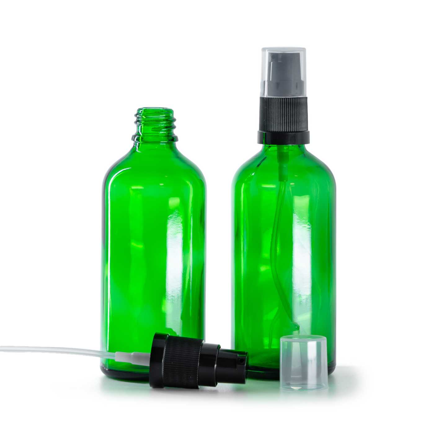 Zelená skleněná lahvička s dávkovačem krému 100 ml