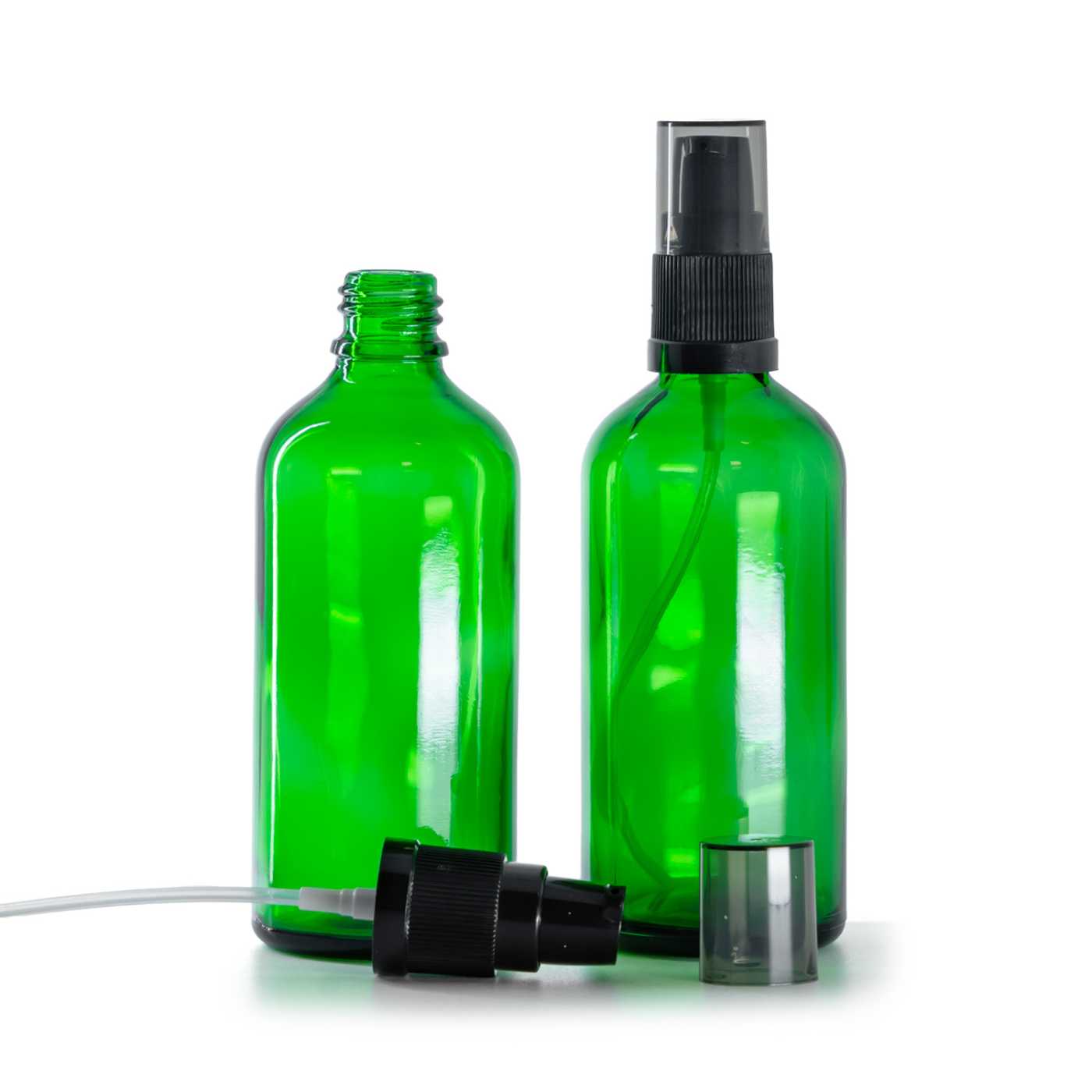 Butelka szklana, zielona, pompka do kremów z przydymionym kapturkiem, 100 ml