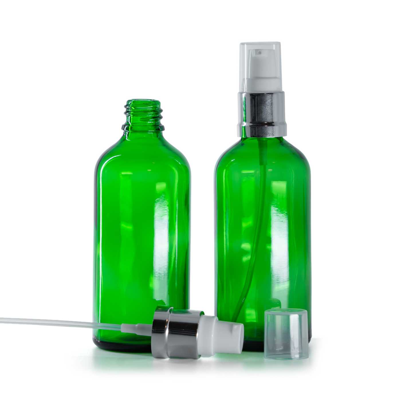 Butelka szklana, zielona, biało-srebrny błyszczący dozownik, 100 ml