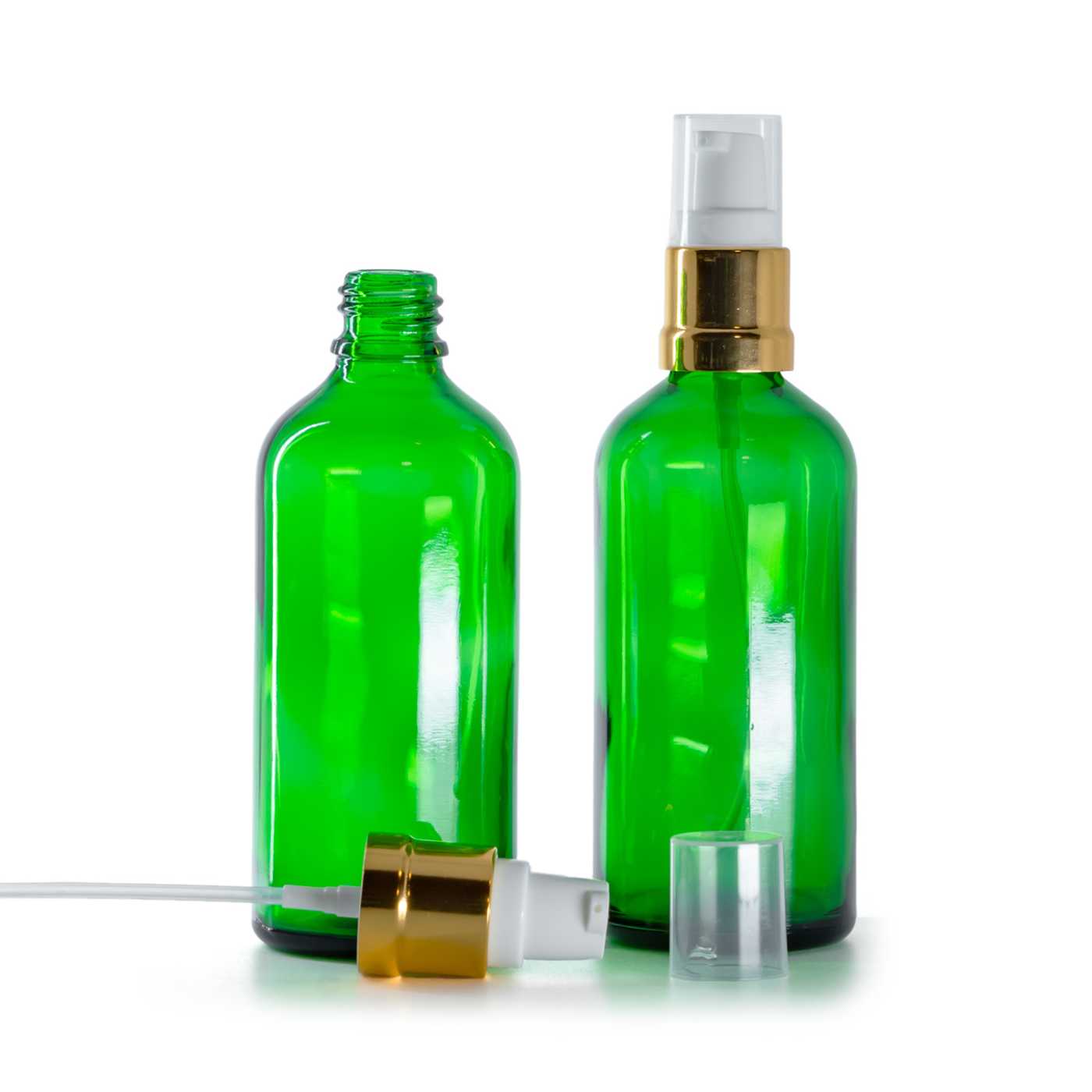 Butelka szklana, zielona, biało-złoty błyszczący dozownik, 100 ml