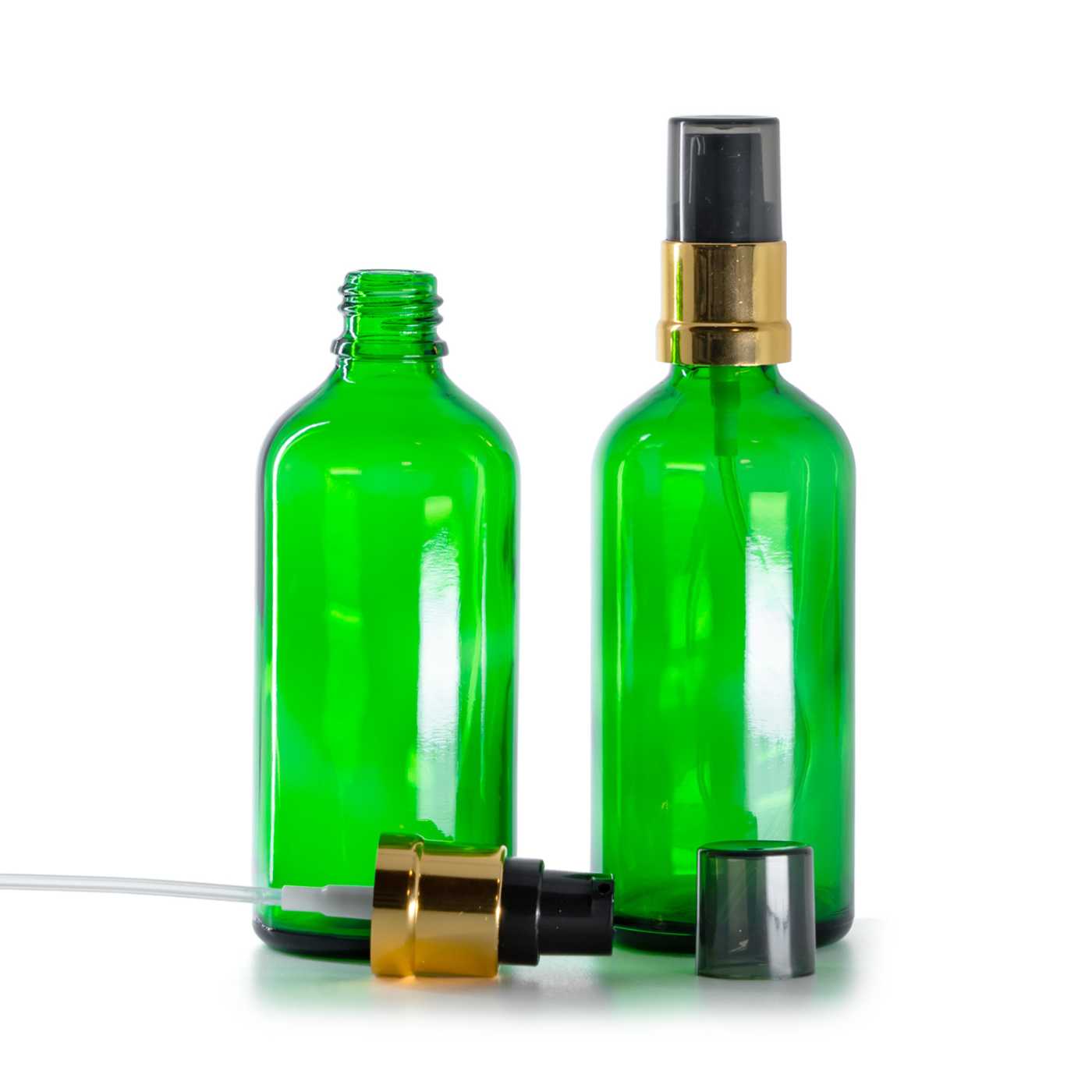 Butelka szklana, zielona, czarno-złoty błyszczący dozownik z przydymionym kapturkiem, 100 ml