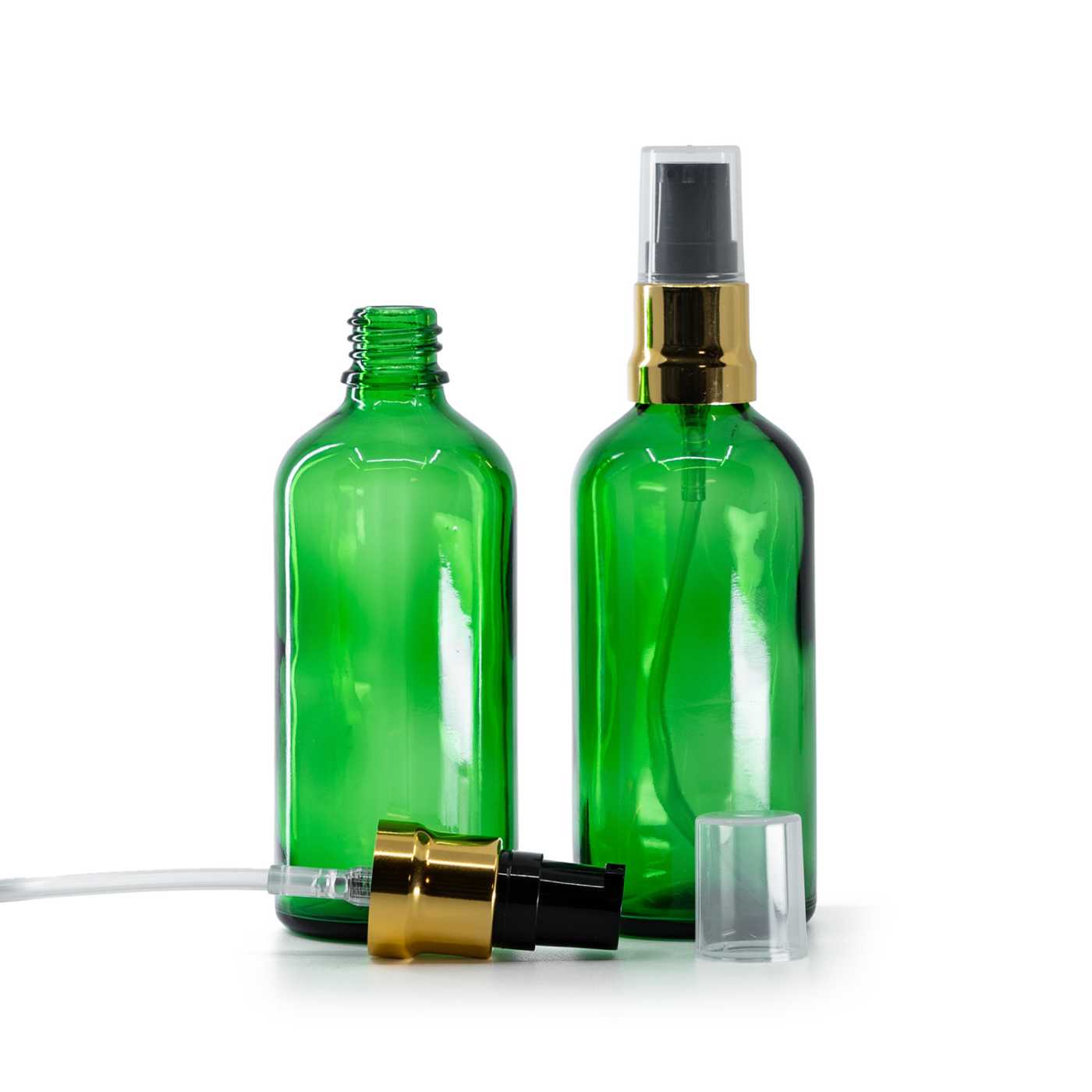 Butelka szklana, zielona, czarno-złoty błyszczący dozownik, przezroczysty kapturek, 100 ml