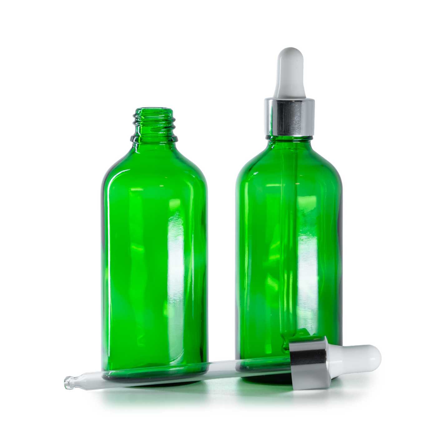 Butelka szklana, zielona, kroplomierz srebrny, 100 ml