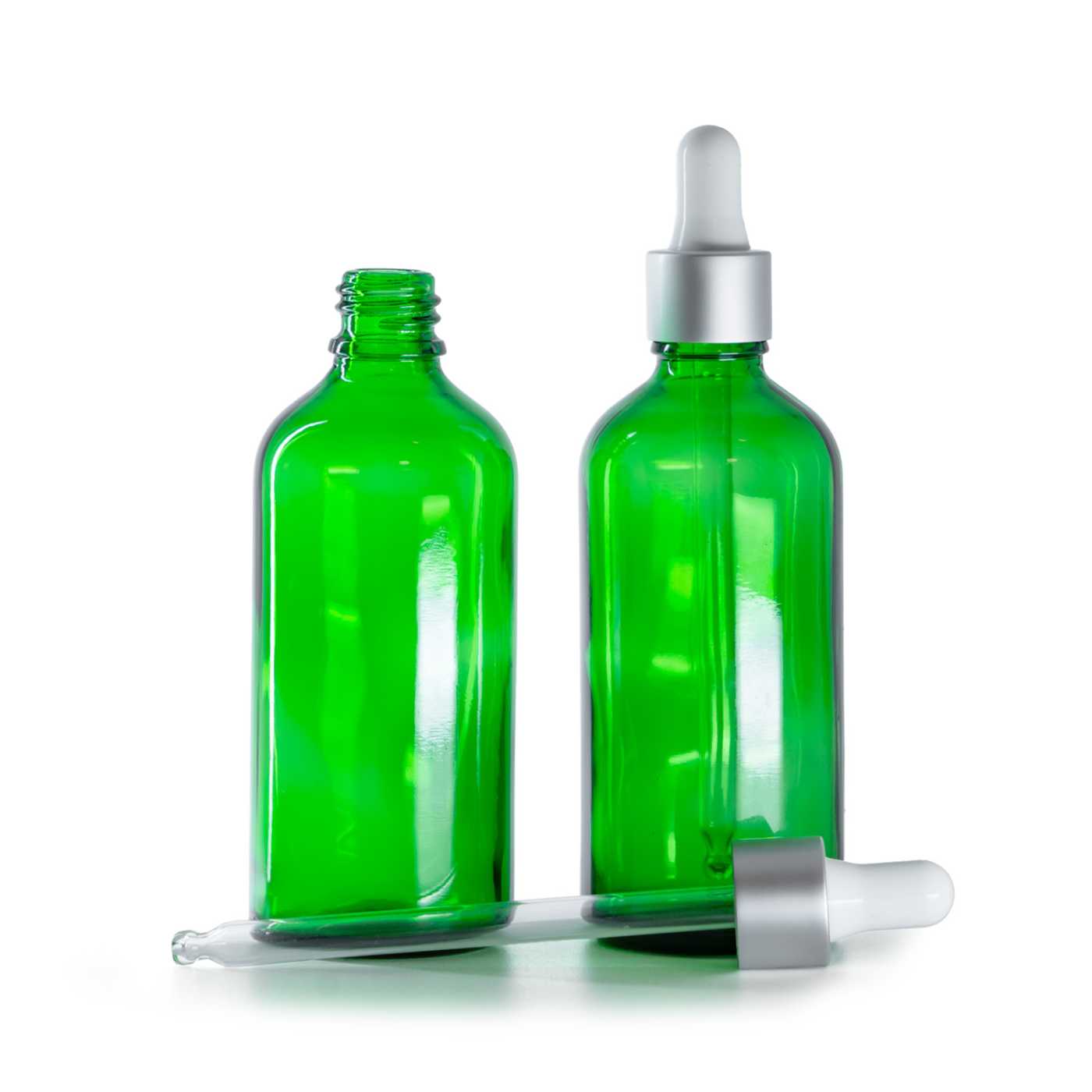 Butelka szklana, zielona, srebrny matowy kroplomierz, 100 ml