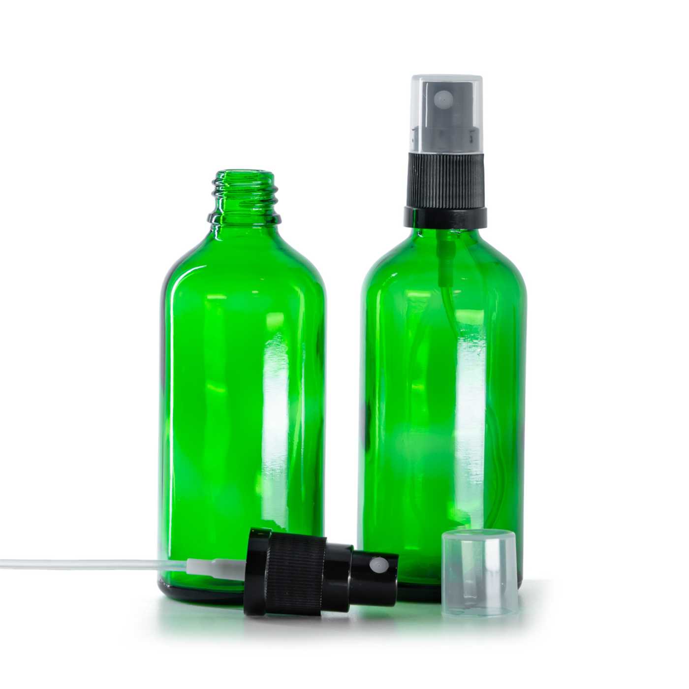 Butelka szklana zielona, czarny atomizer, 100 ml