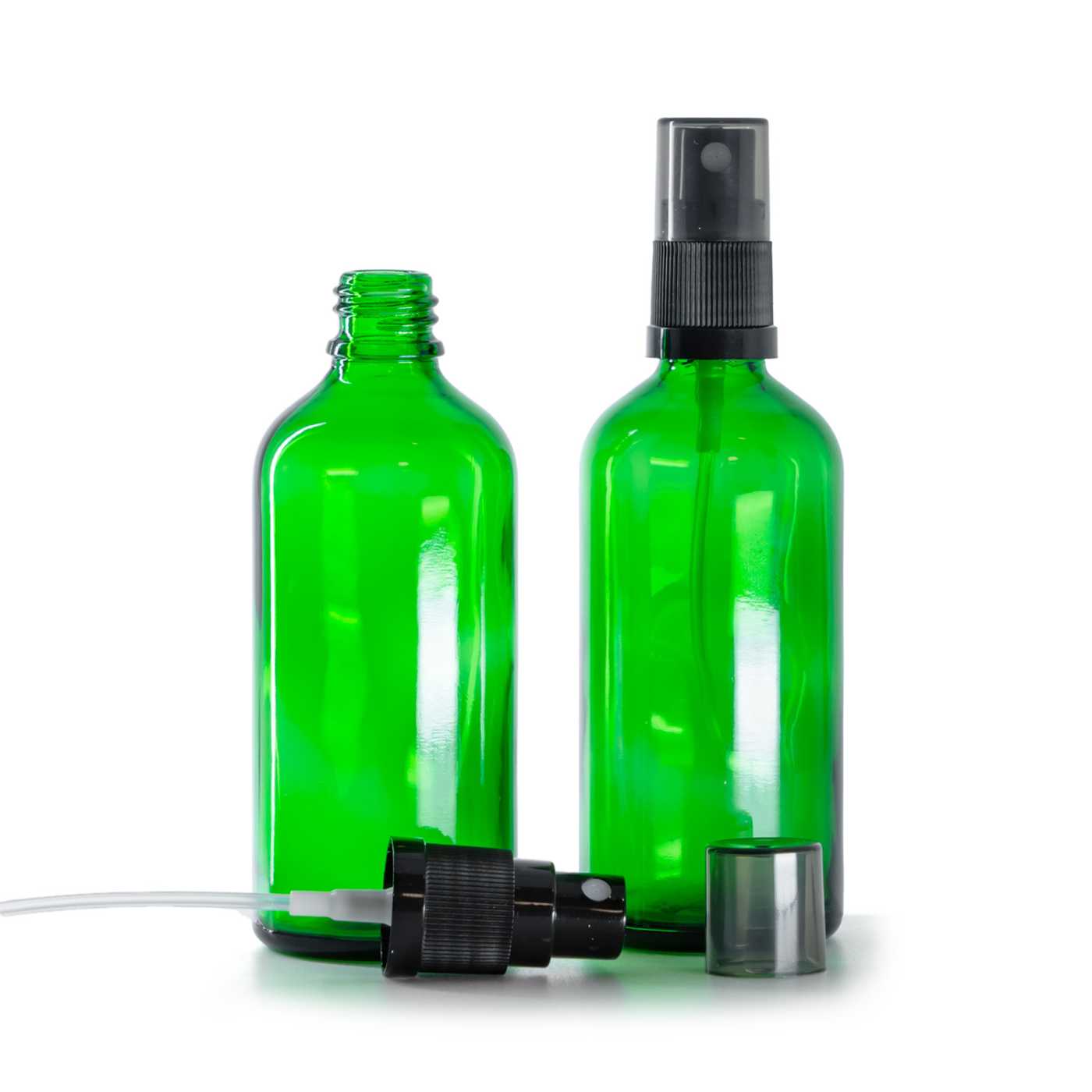Sklenená fľaška, zelená, čierny rozprašovač, dymový kryt, 100 ml