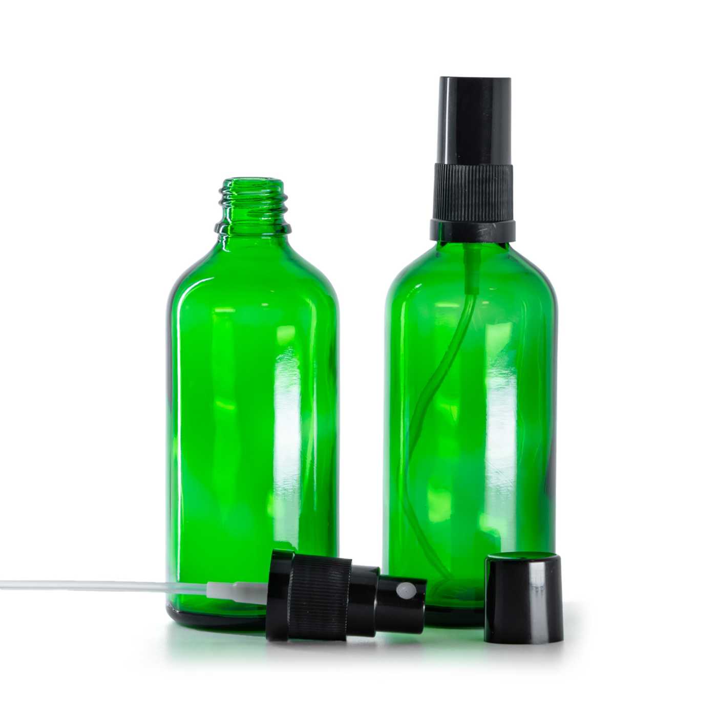 Butelka szklana zielona, czarny atomizer, czarny kapturek, 100 ml