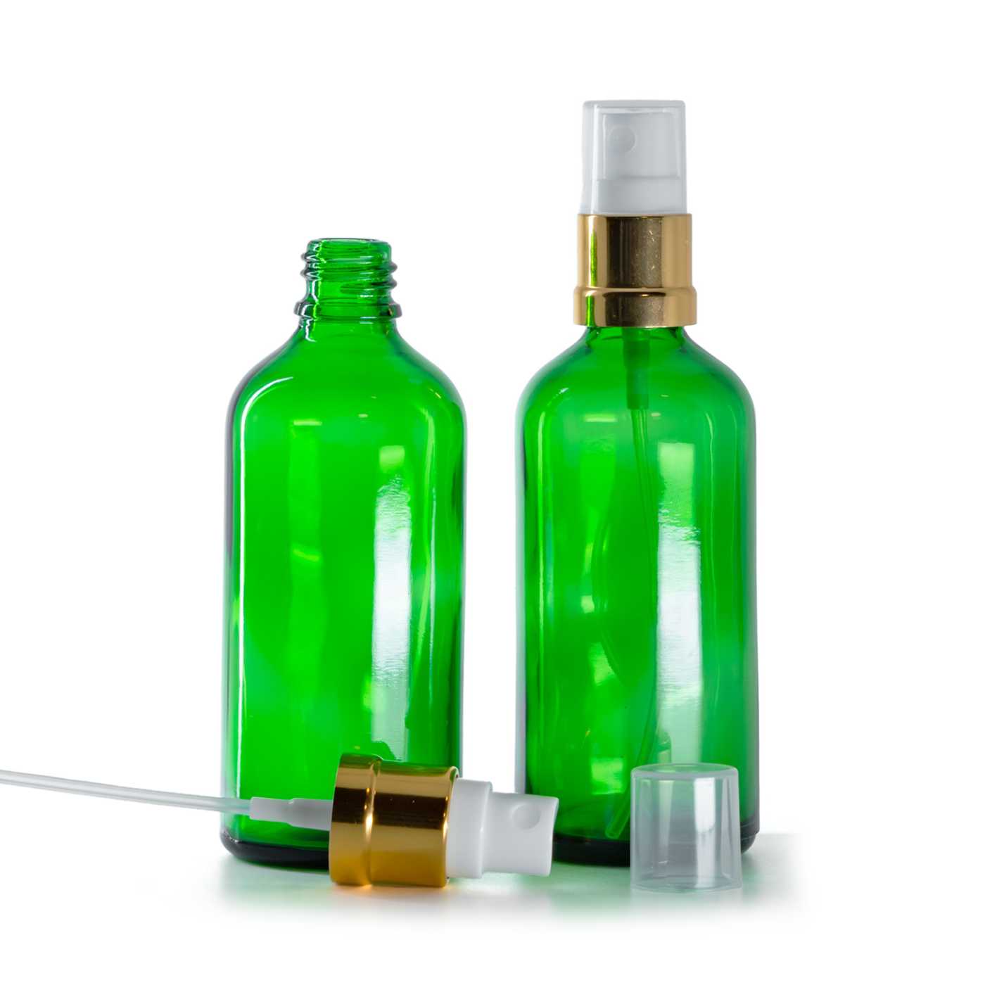 Sklenená fľaška, zelená, bielo-zlatý rozprašovač, 100 ml