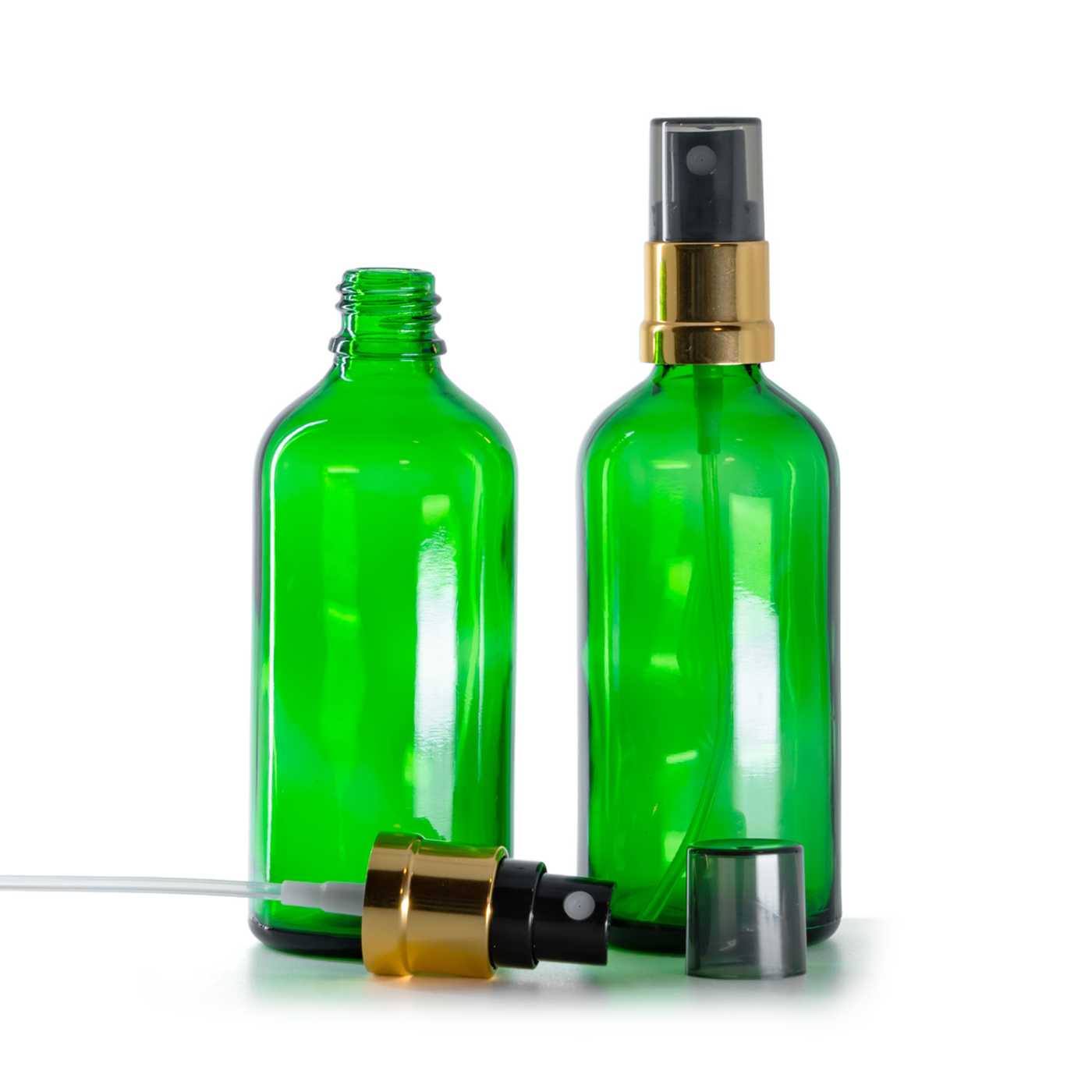 Butelka szklana, zielona, czarno-złoty atomizer, przydymiony kapturek, 100 ml