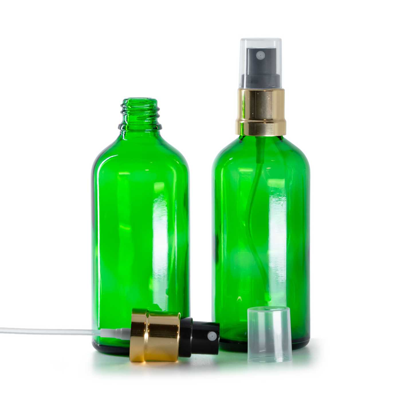 Butelka szklana, zielona, czarno-złoty atomizer, 100 ml