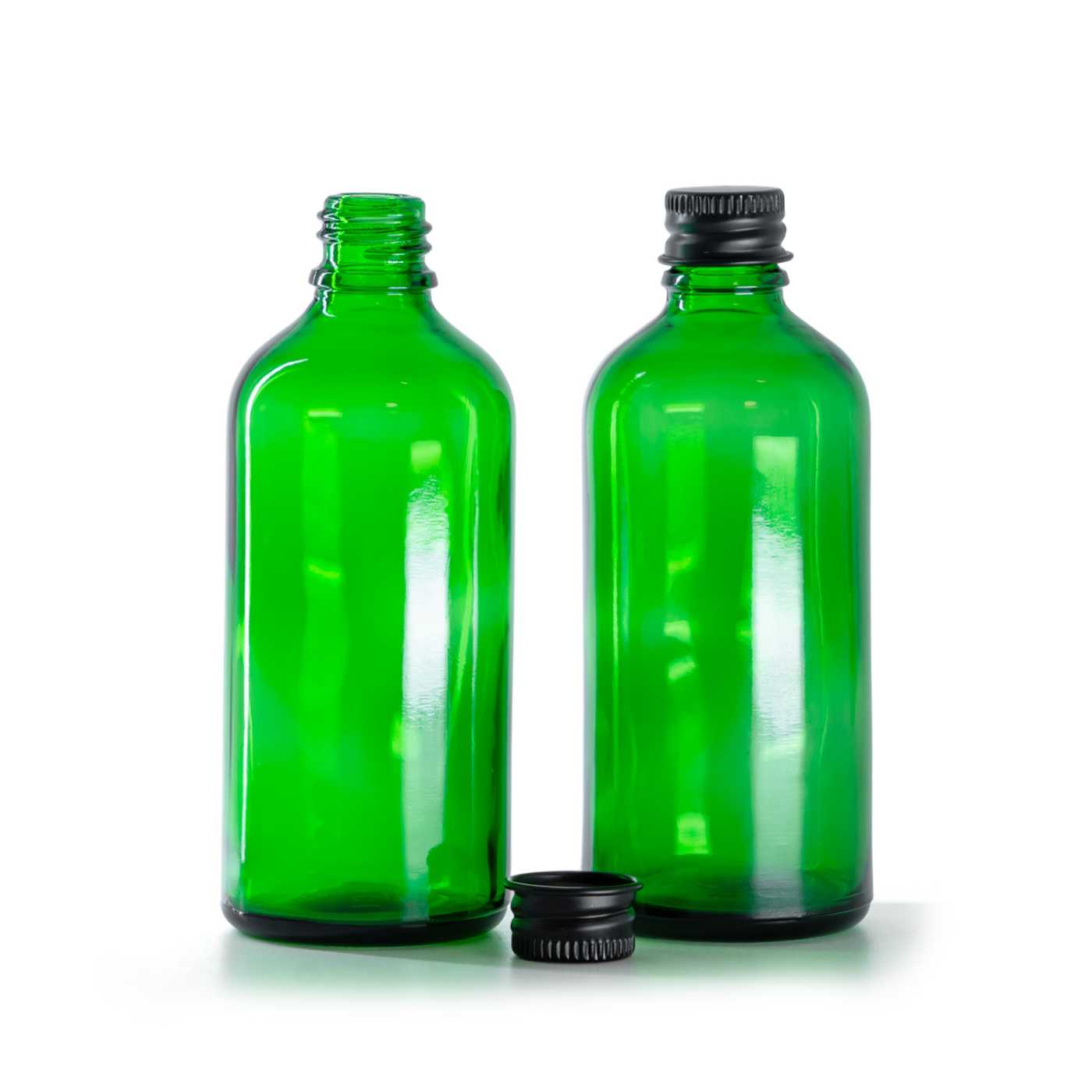 Butelka szklana, zielona, czarna nakrętka aluminiowa, 100 ml