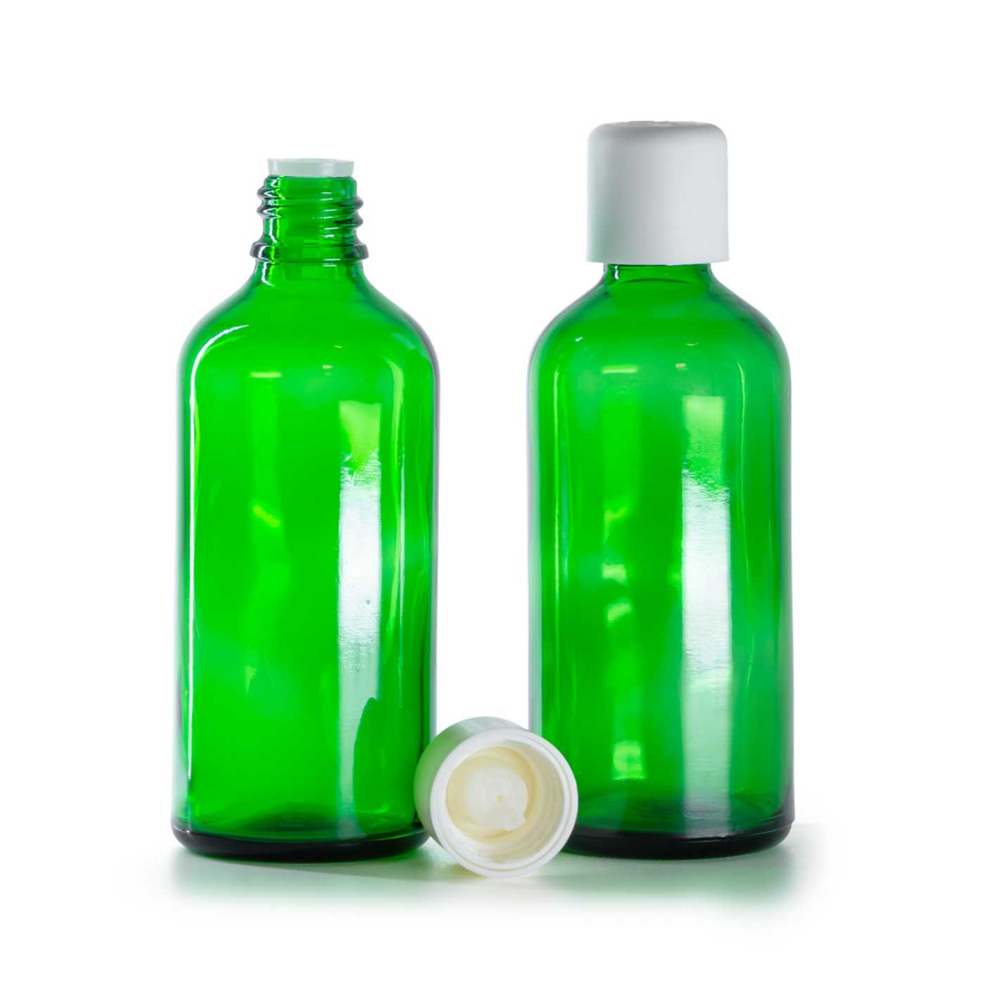 Butelka szklana zielona, nakrętka biała z zabezpieczeniem, 100 ml
