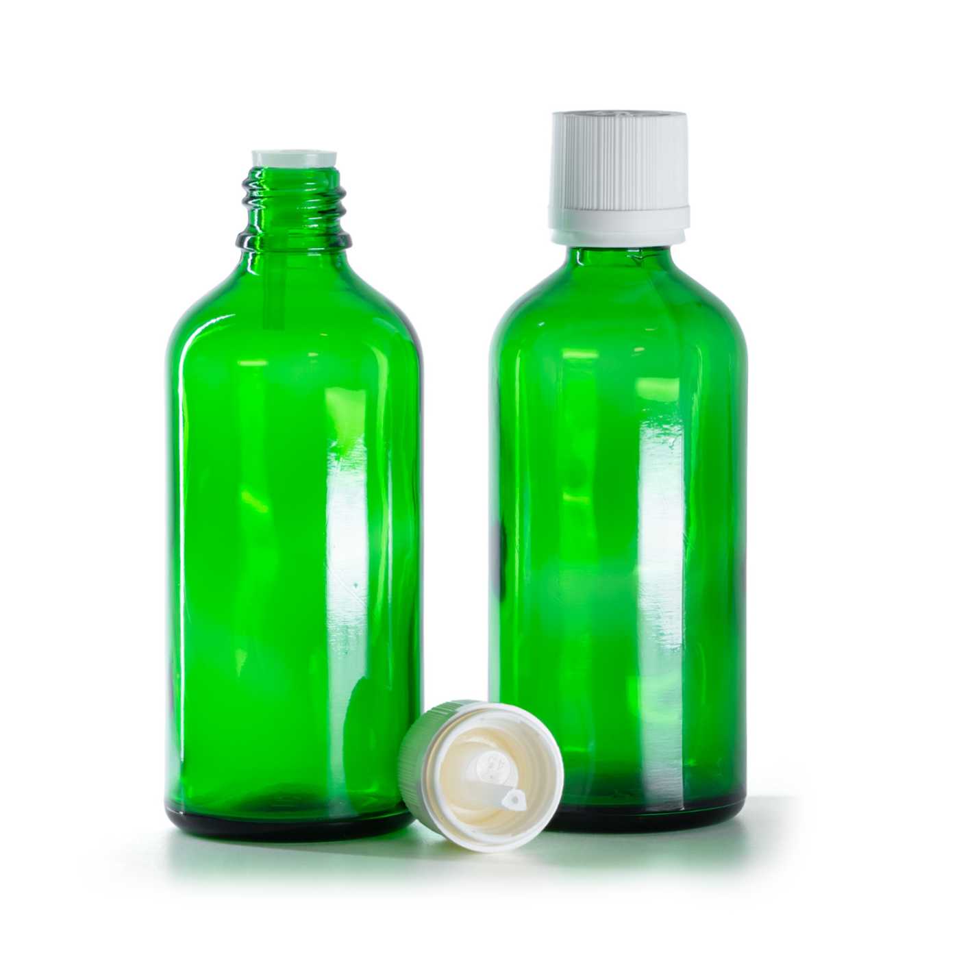 Botella de vidrio, verde, tapón de seguridad inviolable blanco con cuentagotas, 100 ml