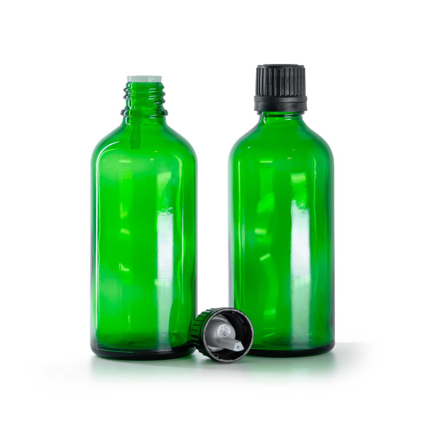 Butelka szklana zielona, czarna nakrętka z kroplomierzem, 100 ml