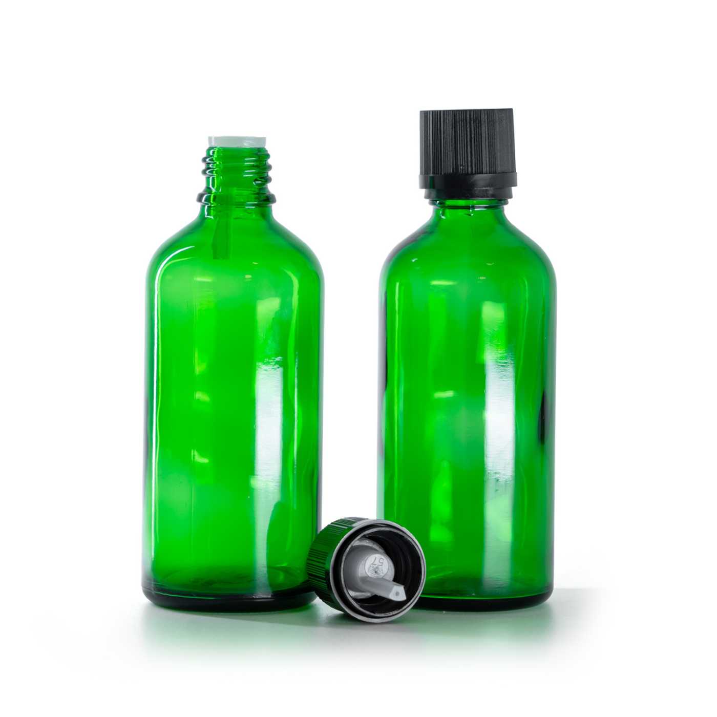 Butelka szklana zielona, czarna żłobkowana nakrętka zabezpieczająca z kroplomierzem, 100 ml