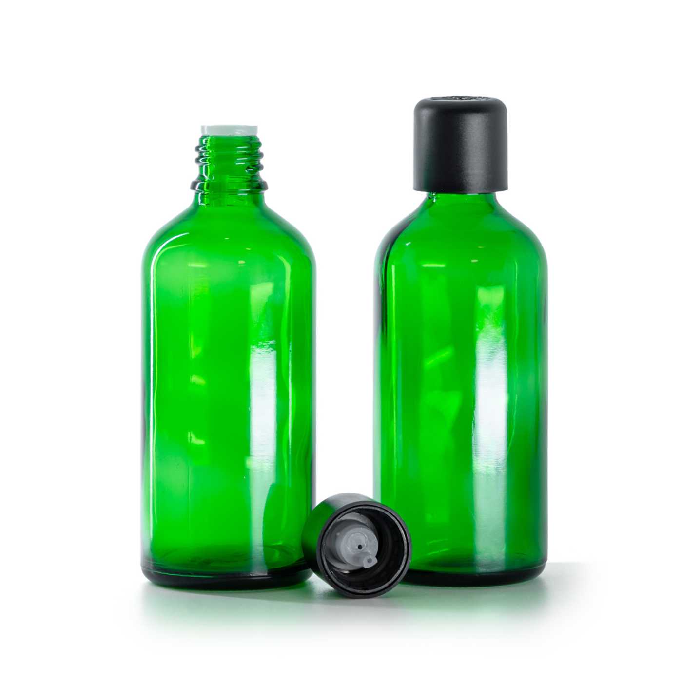 Butelka szklana zielona, czarna nakrętka zabezpieczająca z plombą i kroplomierzem, 100 ml