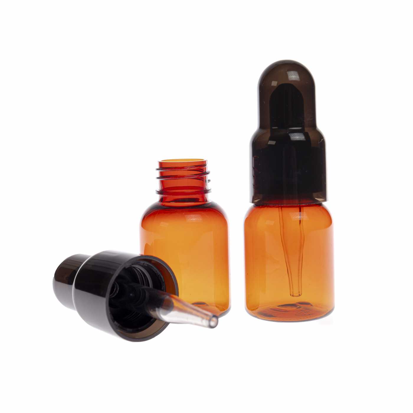 Plastová PET fľaška, hnedá, 25 ml, plastová pipeta a čierny vrchnák