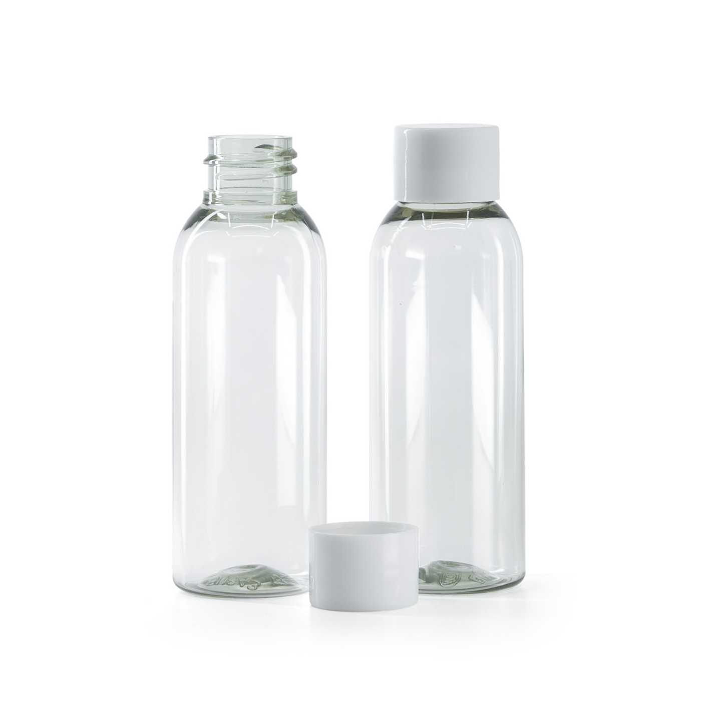 Plastová fľaša, priehľadná, vrchnák biely hladký, 50 ml