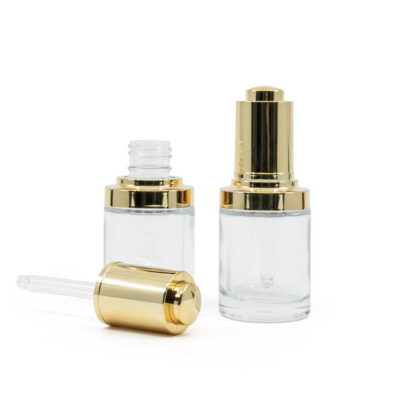 Botella de vidrio, transparente, cuenta gotas de presión dorado brillante, 30 ml