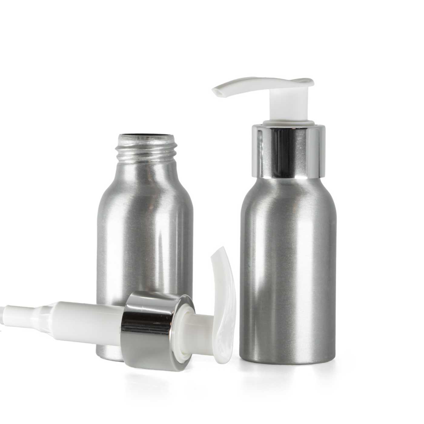 Flacon en aluminium, distributeur blanc-argent, 50 ml