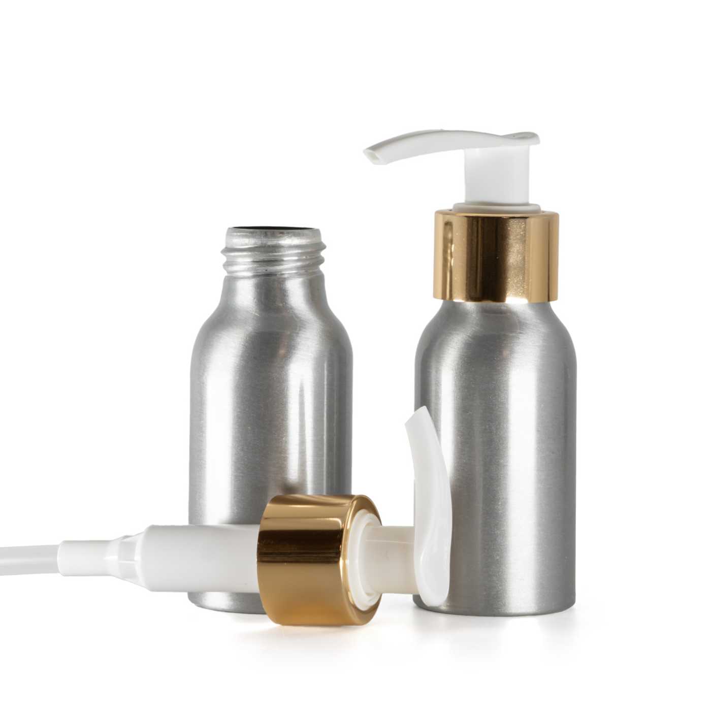 Butelka aluminiowa, biało-złoty dozownik, 50 ml
