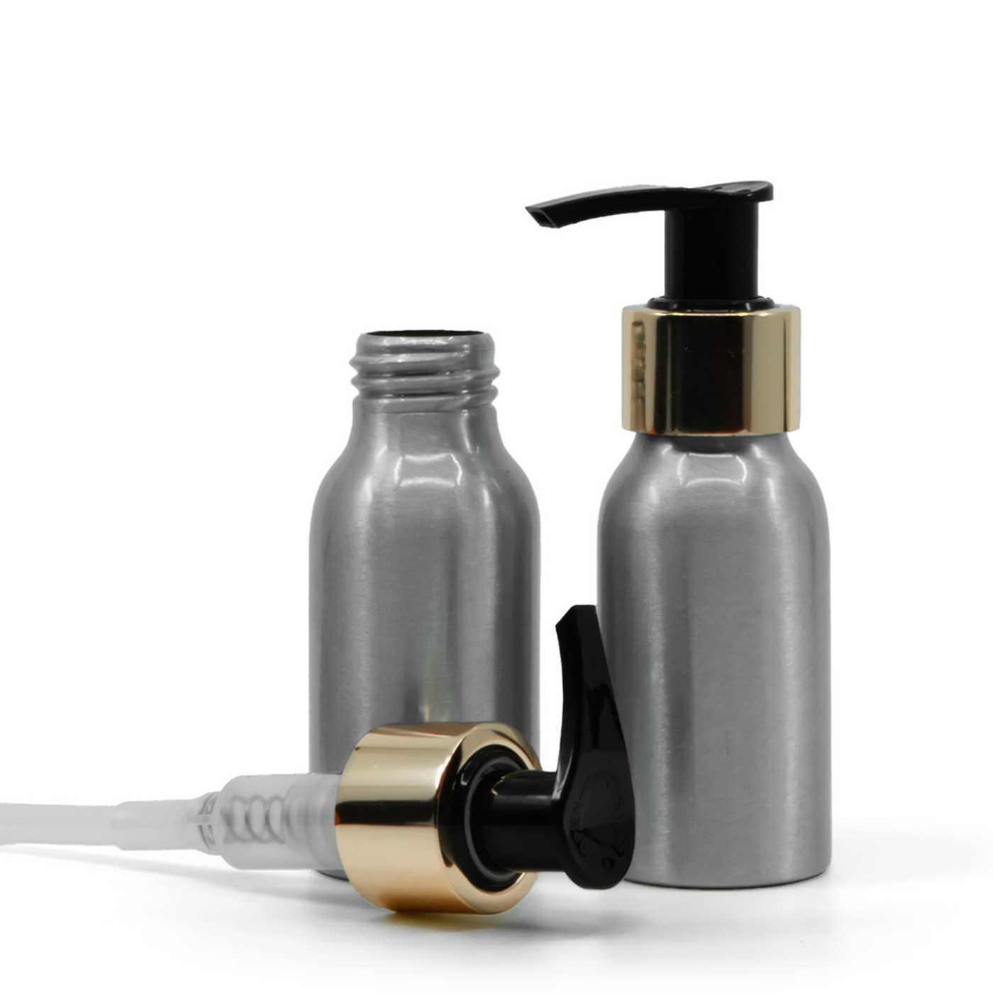 Flacon en aluminium, pompe dorée, 50 ml
