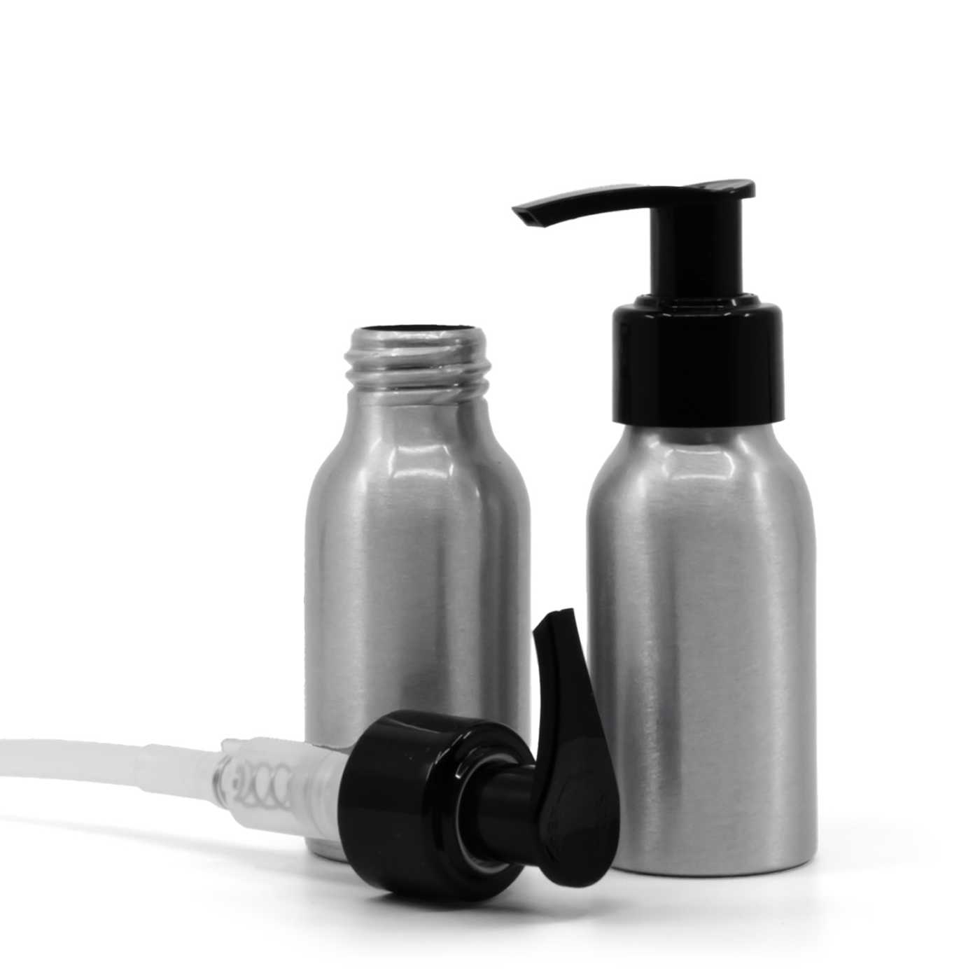 Flacon en aluminium, pompe noire, 50 ml