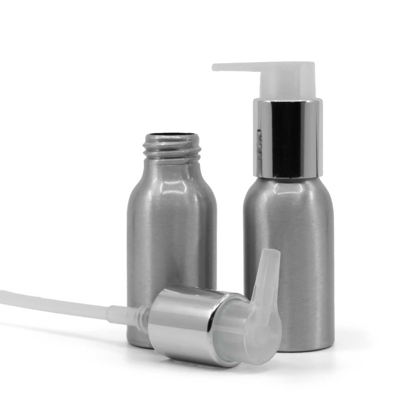 Flacon en aluminium, pompe argentée, 50 ml