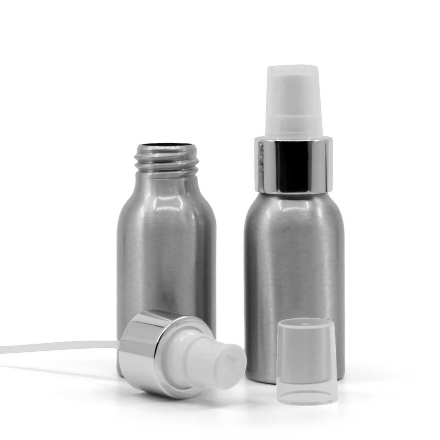 Hliníková fľaša, biely rozprašovač, strieborná lesklá obruč, 50 ml