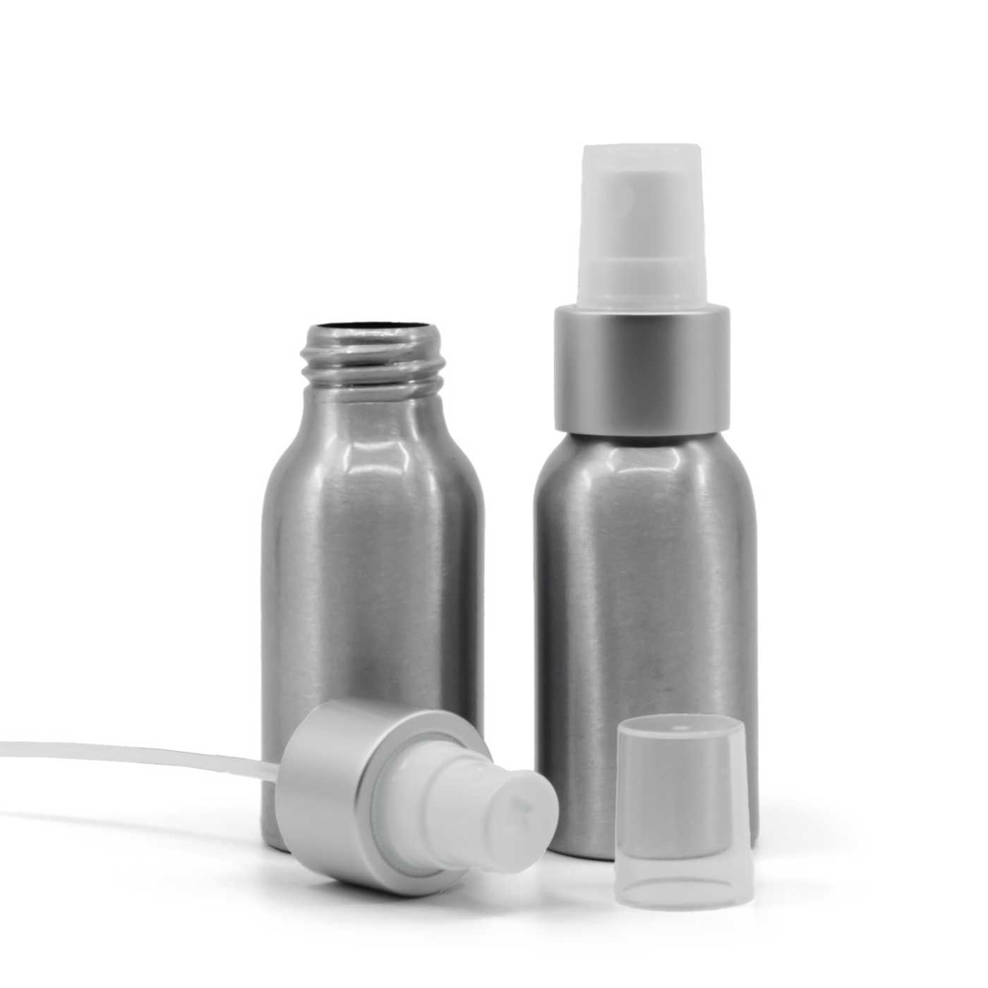 Flacon en aluminium, spray brume fine blanc, bague argentée mate, 50 ml