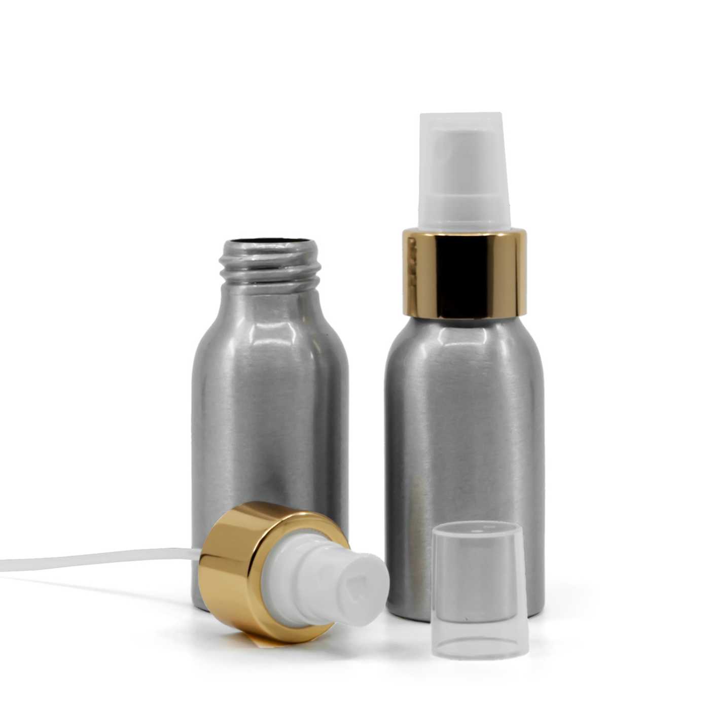 Flacon en aluminium, spray blanc, bague dorée brillante, 50 ml