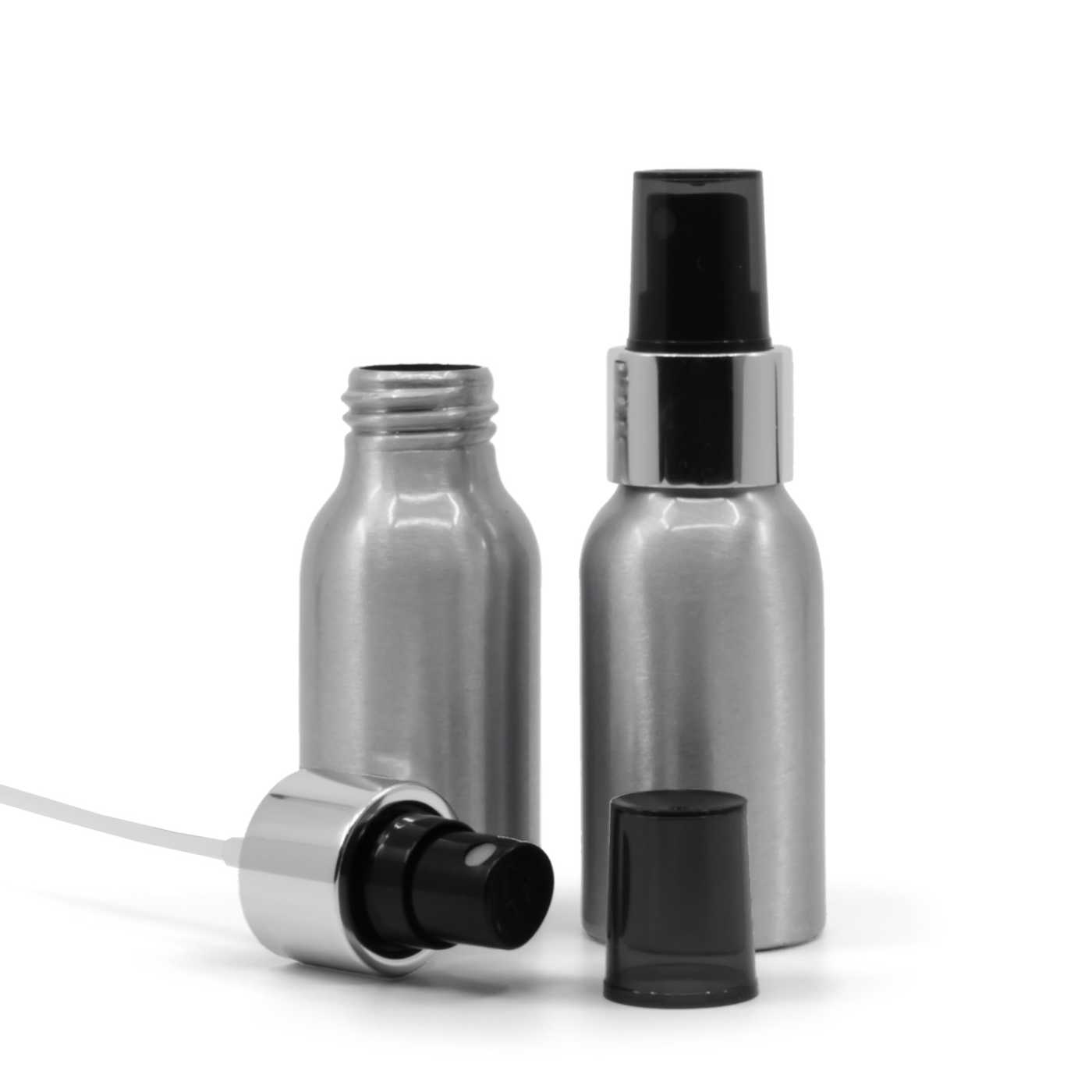 Flacon en aluminium, spray noir, bague argentée brillante, 50 ml