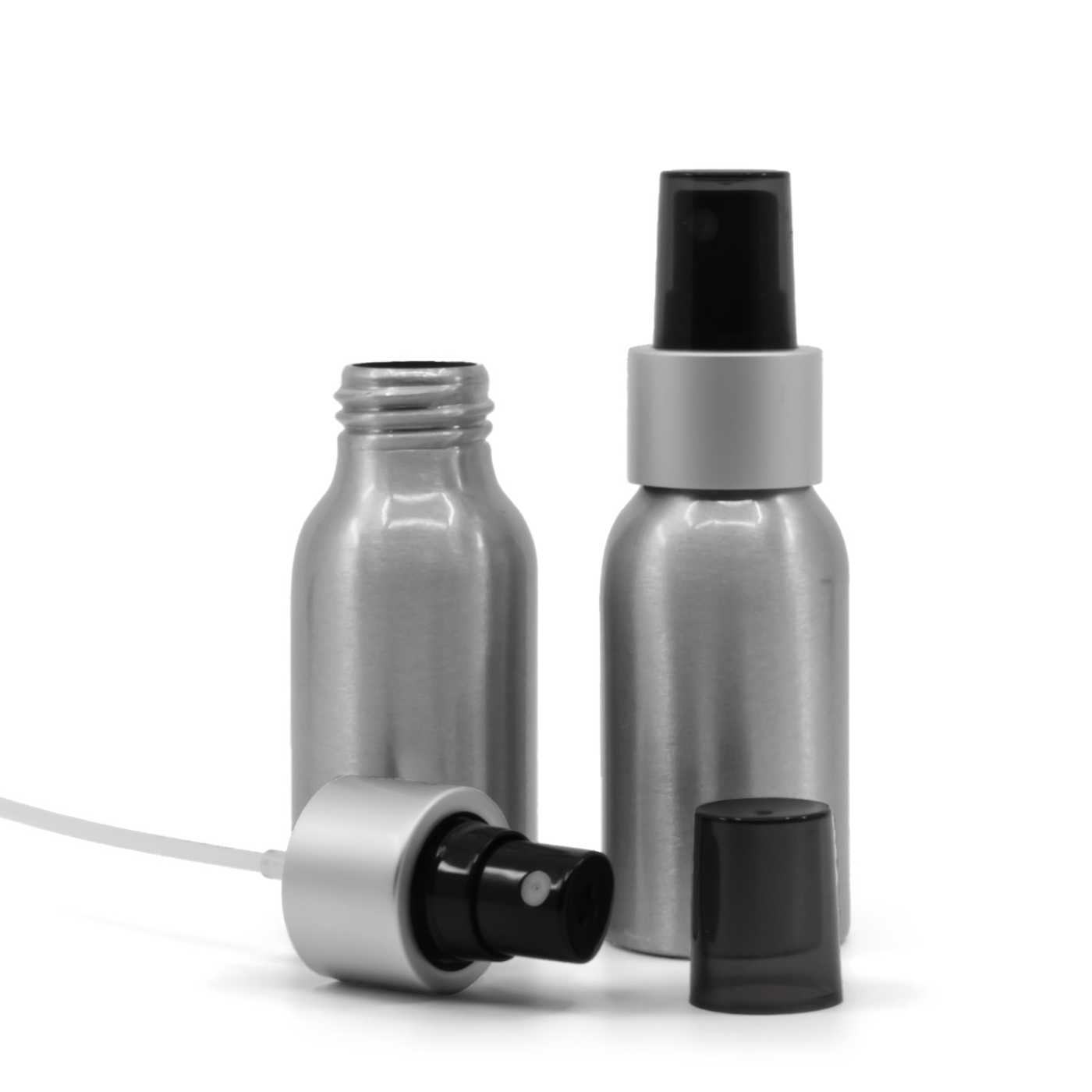 Flacon en aluminium, spray noir, collerette argentée mate, surcapuchon fumé, 50 ml
