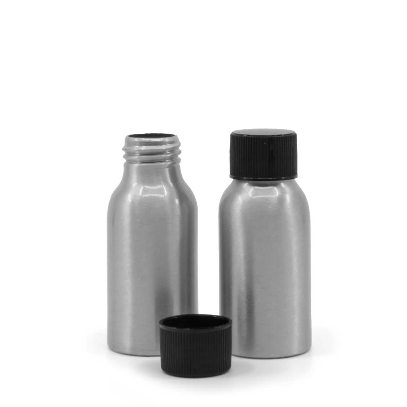 Butelka aluminiowa z czarną karbowaną nakrętką, 50 ml