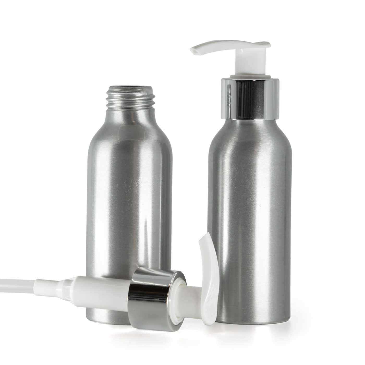 Bouteille en aluminium, pompe lotion blanche avec collerette lisse argentée, 100 ml