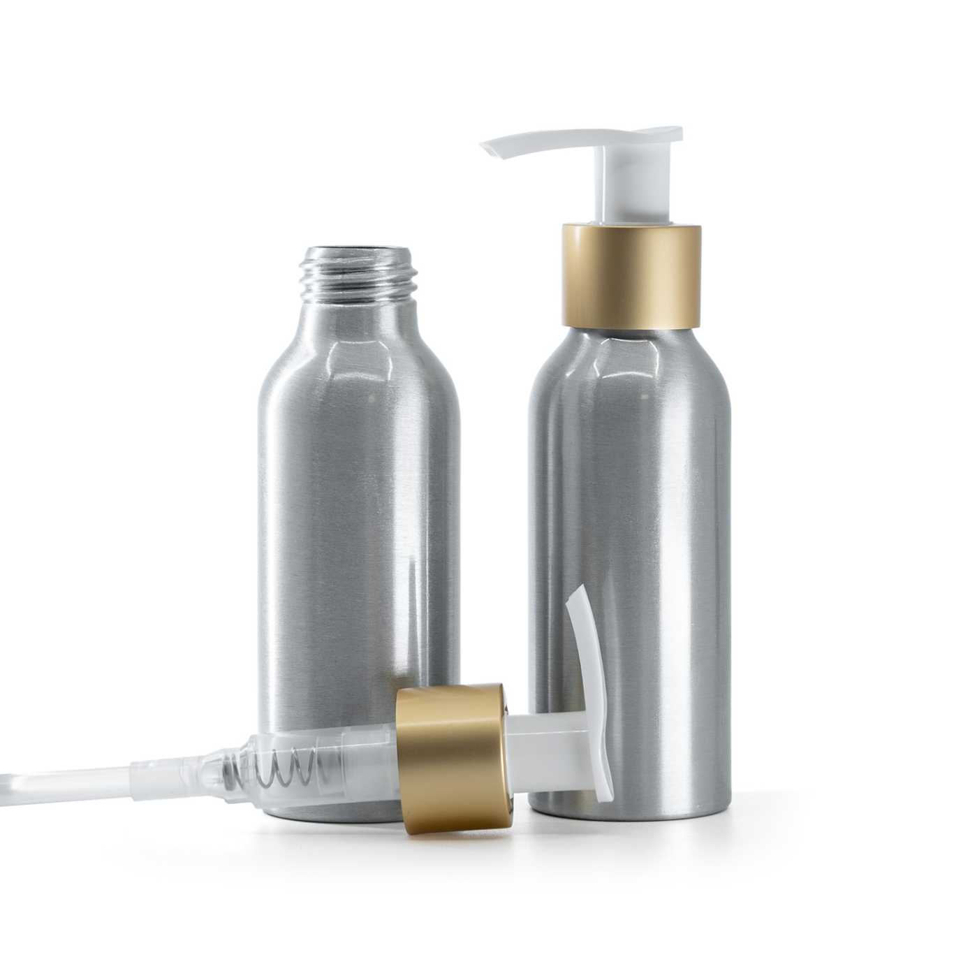 Butelka aluminiowa, biało-złoty matowy dozownik, 100 ml