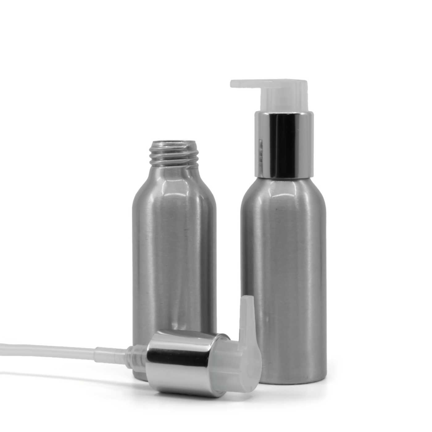 Flacon en aluminium, pompe argentée, 100 ml